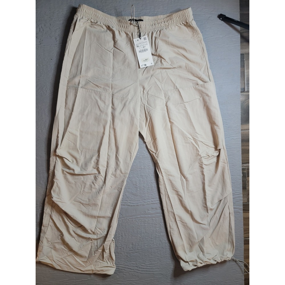 ♡Zara‎ Beige Parachute Pants Elastic Waist Drawstring Hem Size XL 4391/500/715